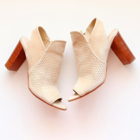 Via Spiga Shoes - Via Spiga Beige Suede Leather Peep Toe Block Heel Perforated Bootie Shoes 5.5